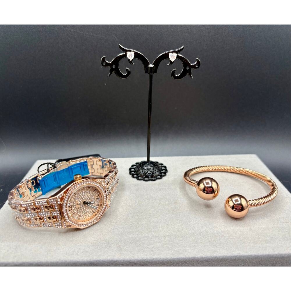 Stunning Rose Gold Iced-Out Watch, Earrings, Bracelet Bundle - Picture 9 of 10